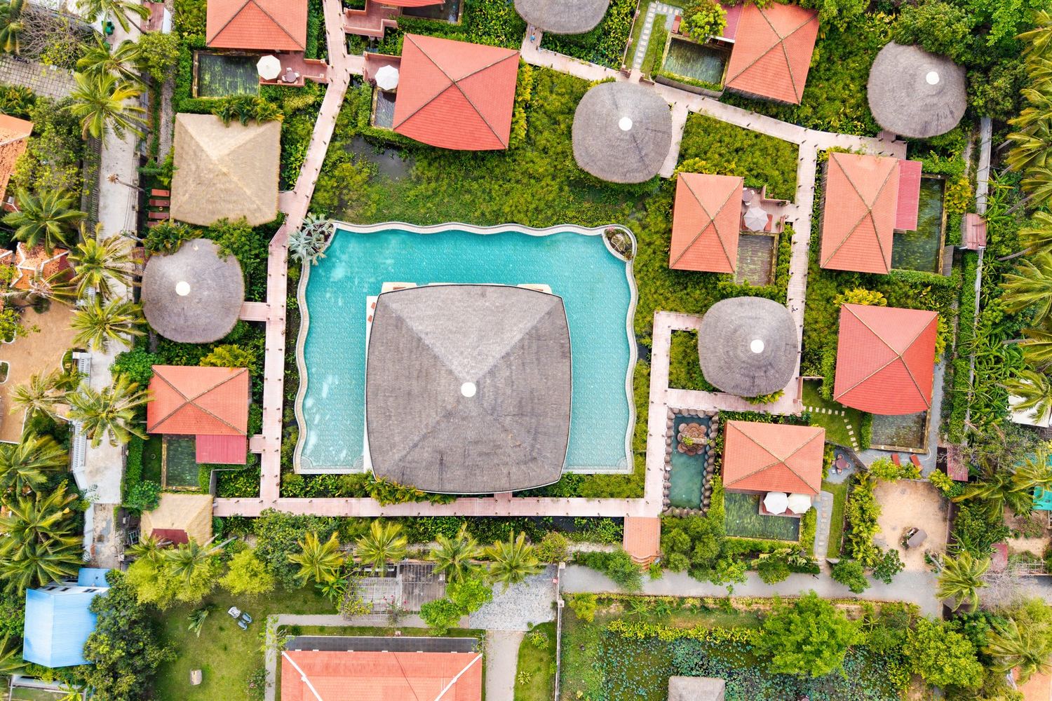 The pool and bungalow roofs seen from straight above